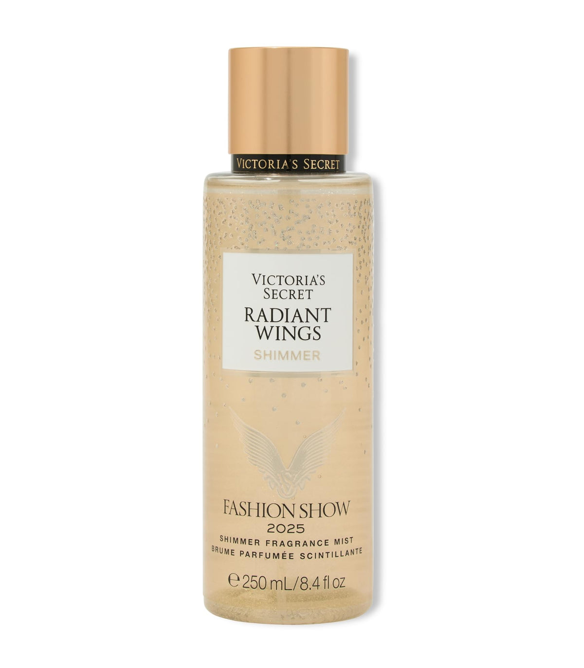 Victoria's Secret Radiant Wings Shimmer Fragrance Mist front view with glittering design