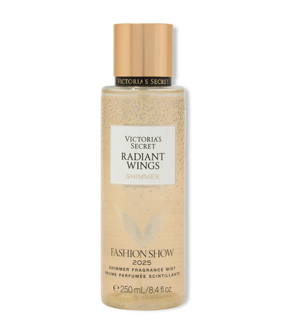 Victoria's Secret Radiant Wings Shimmer Fragrance Mist front view with glittering design