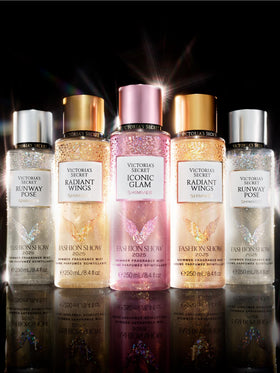 Victoria's Secret Radiant Wings Shimmer Fragrance Mist lifestyle scene with floral background