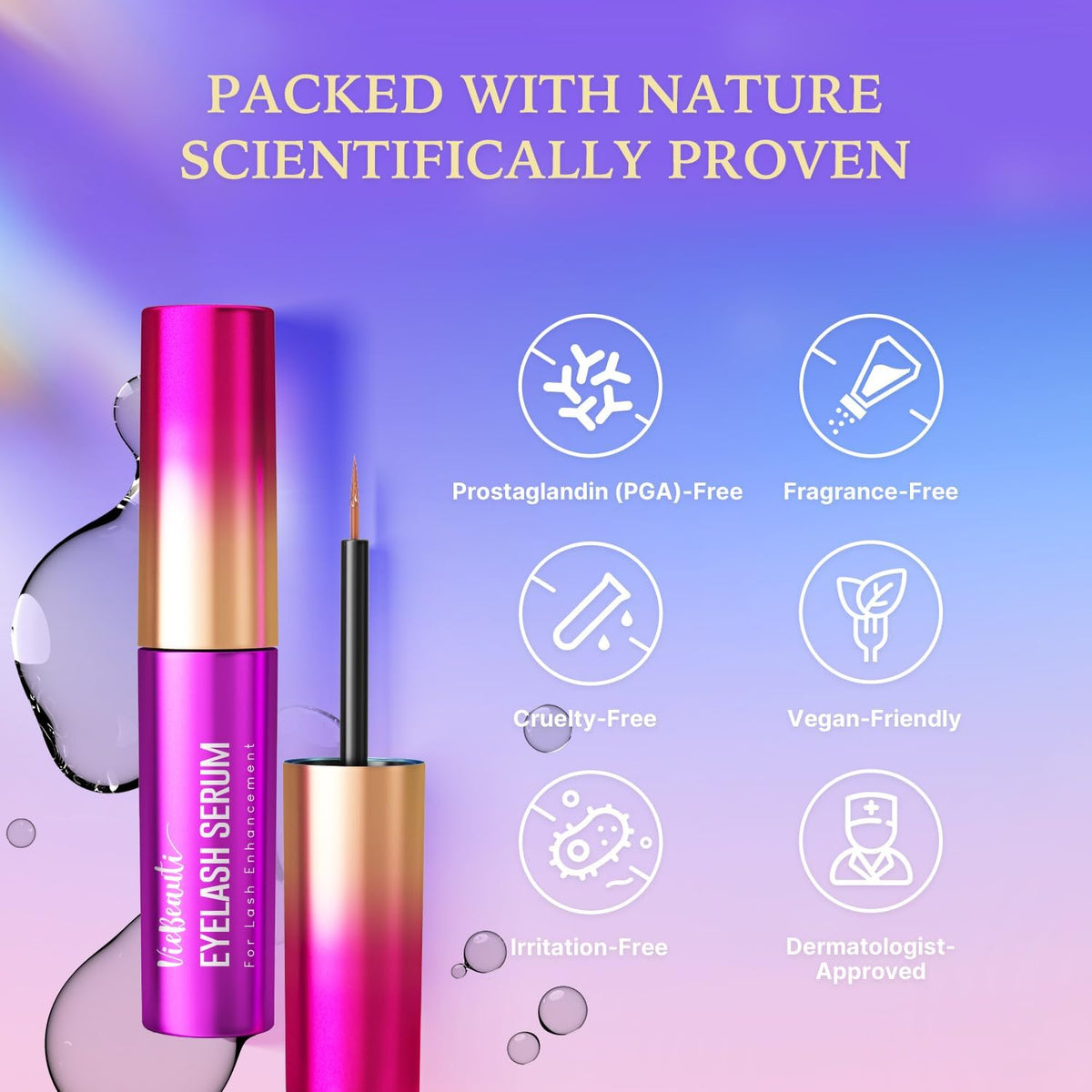 VieBeauti EyeLash Growth Serum on a vanity with makeup