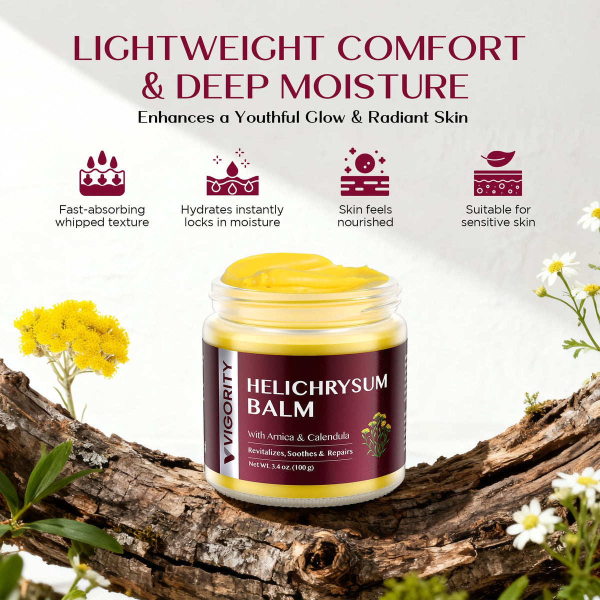 Vigority Helichrysum Balm texture spread on hand