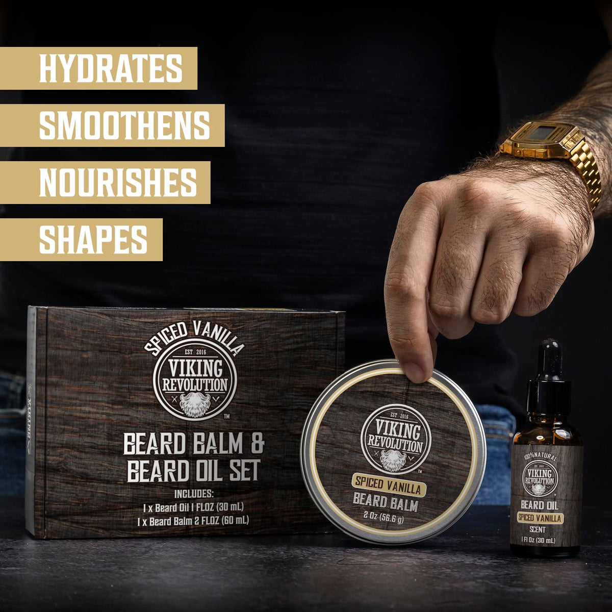 Viking Revolution Beard Balm and Oil Bundle on wooden surface