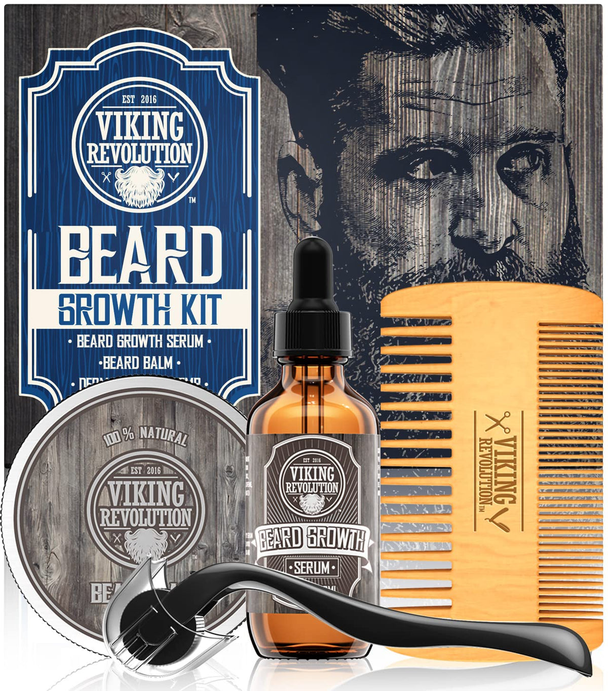Viking Revolution Beard Growth Kit including serum, balm, and comb