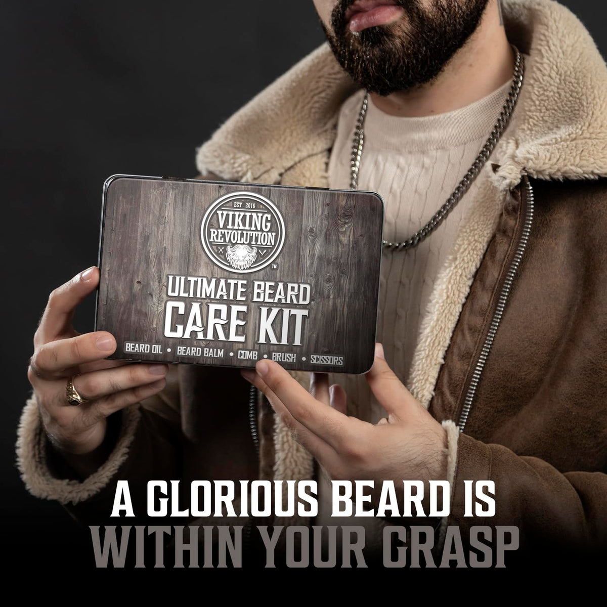 Viking Revolution Beard Kit in travel-friendly metal box