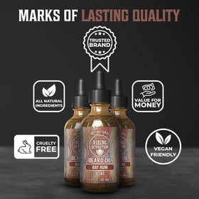 Viking Revolution Beard Oil Bay Rum on a wooden background
