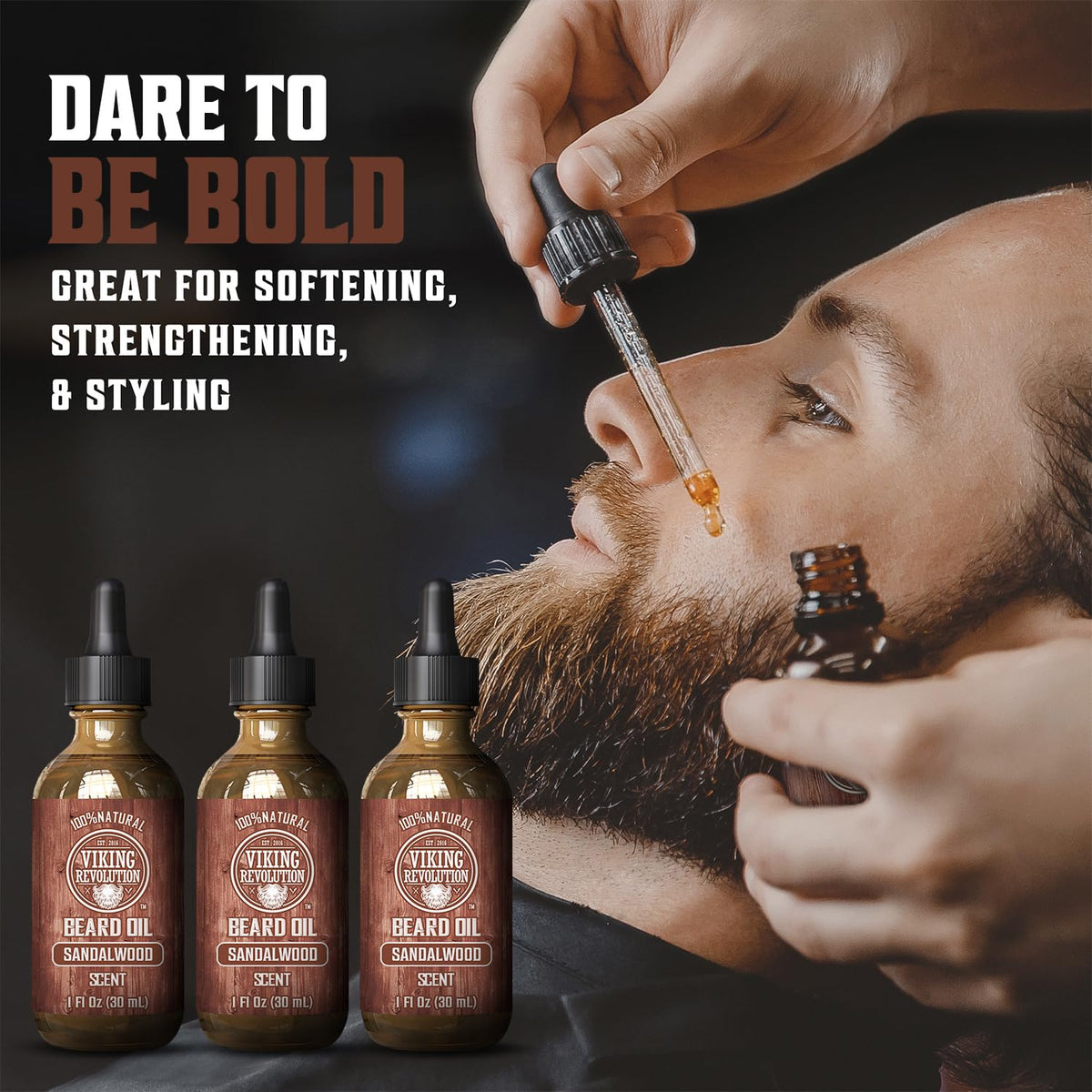 Viking Revolution Beard Oil Sandalwood bottle with dropper