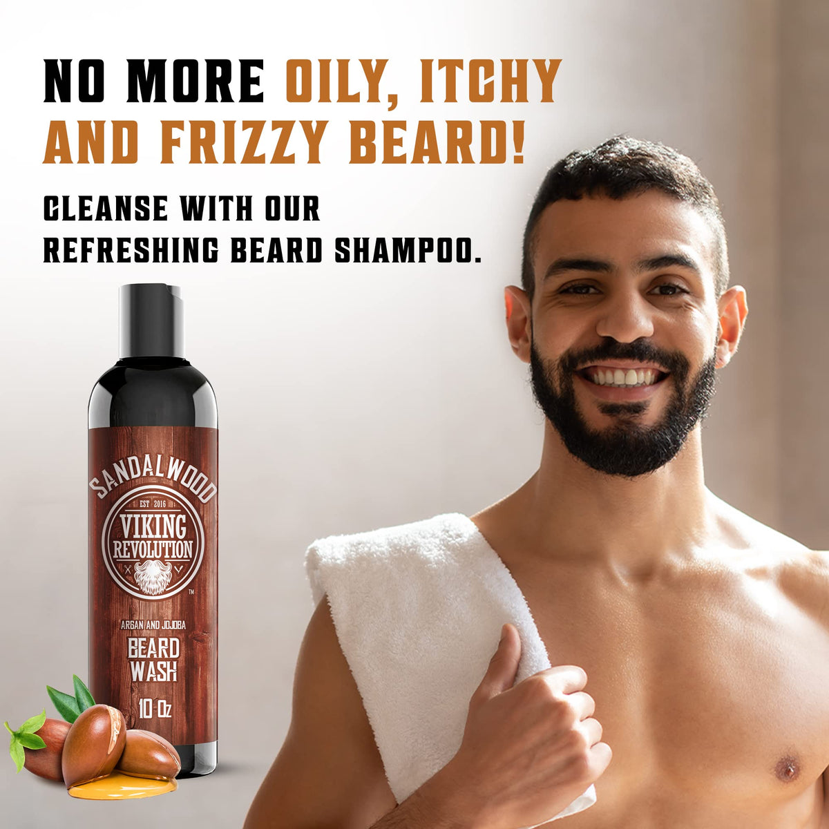 Viking Revolution Beard Wash bottle with sandalwood label