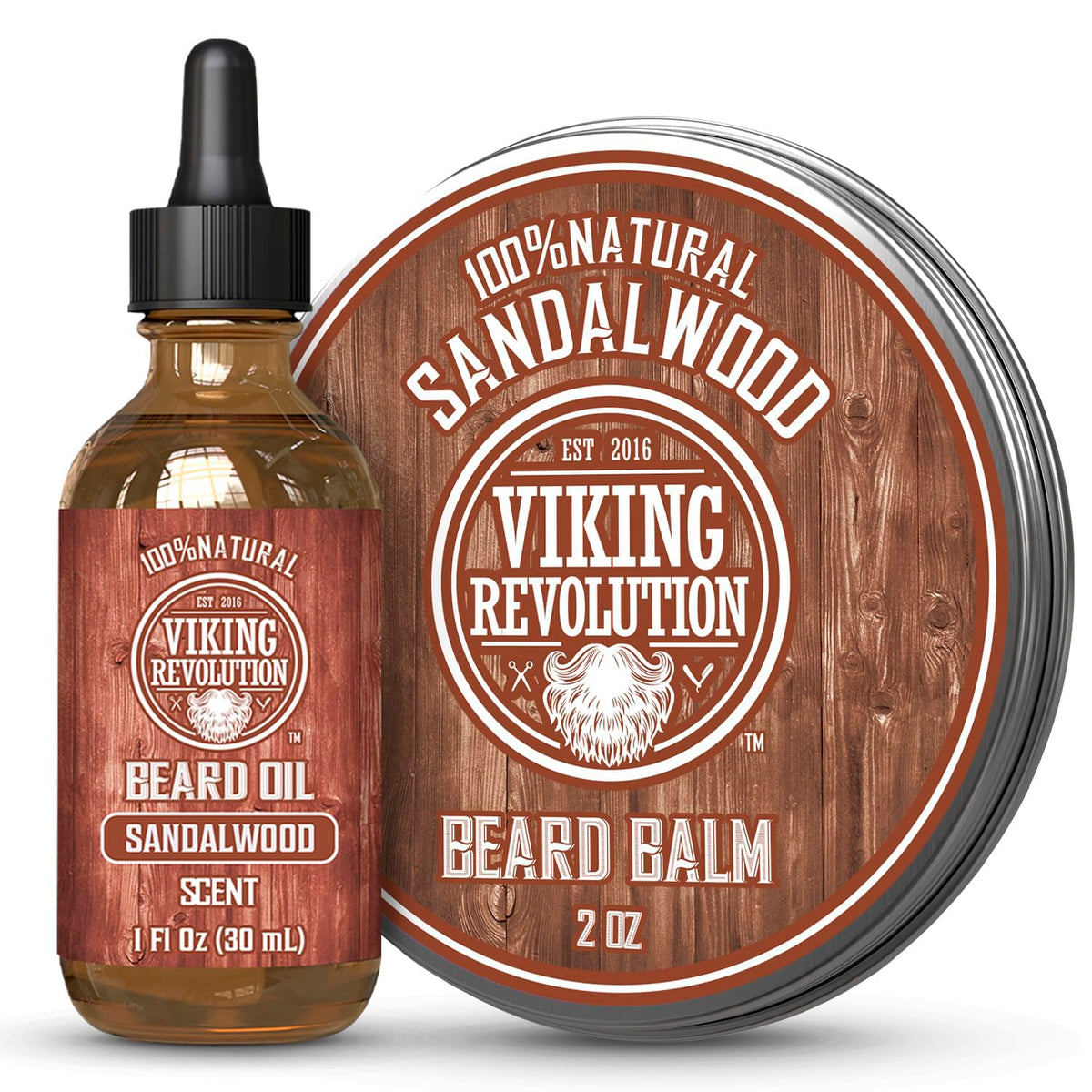 Viking Revolution Sandalwood Beard Balm front view with packaging