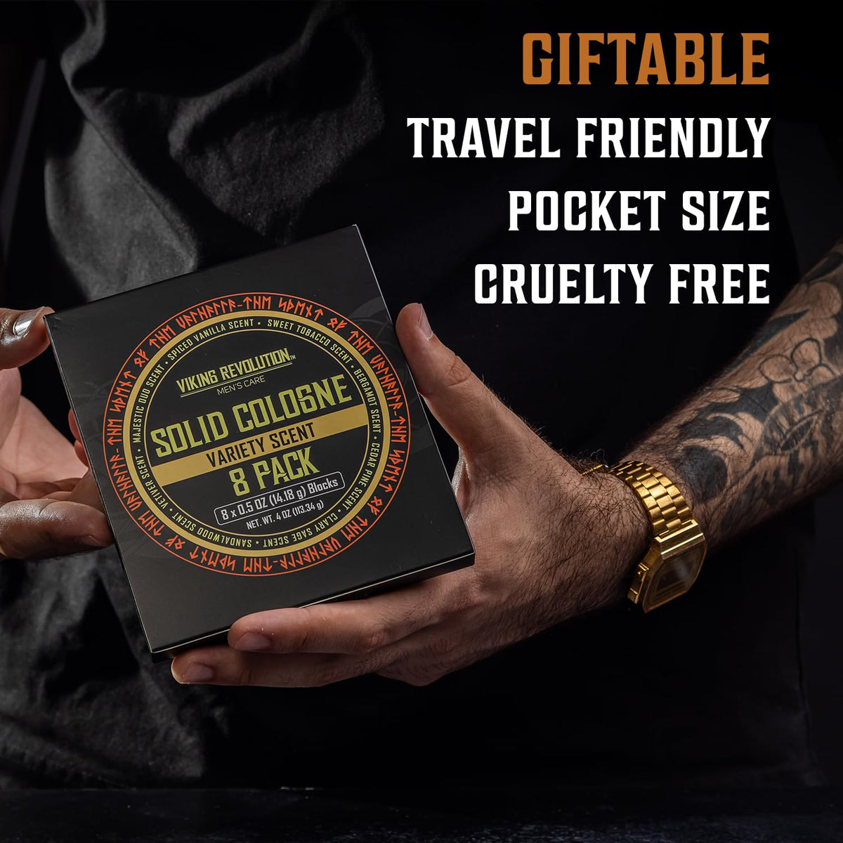 Viking Revolution Solid Cologne Set with a man applying cologne