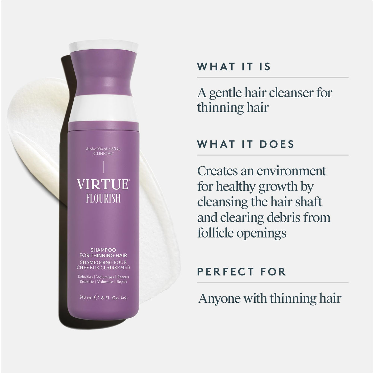 VIRTUE Flourish Shampoo 300g back view showing ingredients