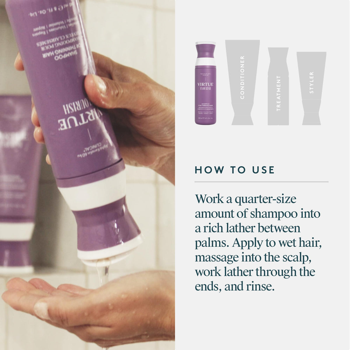 VIRTUE Flourish Shampoo 300g displayed with other hair care products
