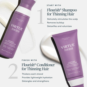 VIRTUE Flourish Shampoo 300g lifestyle scene in bathroom
