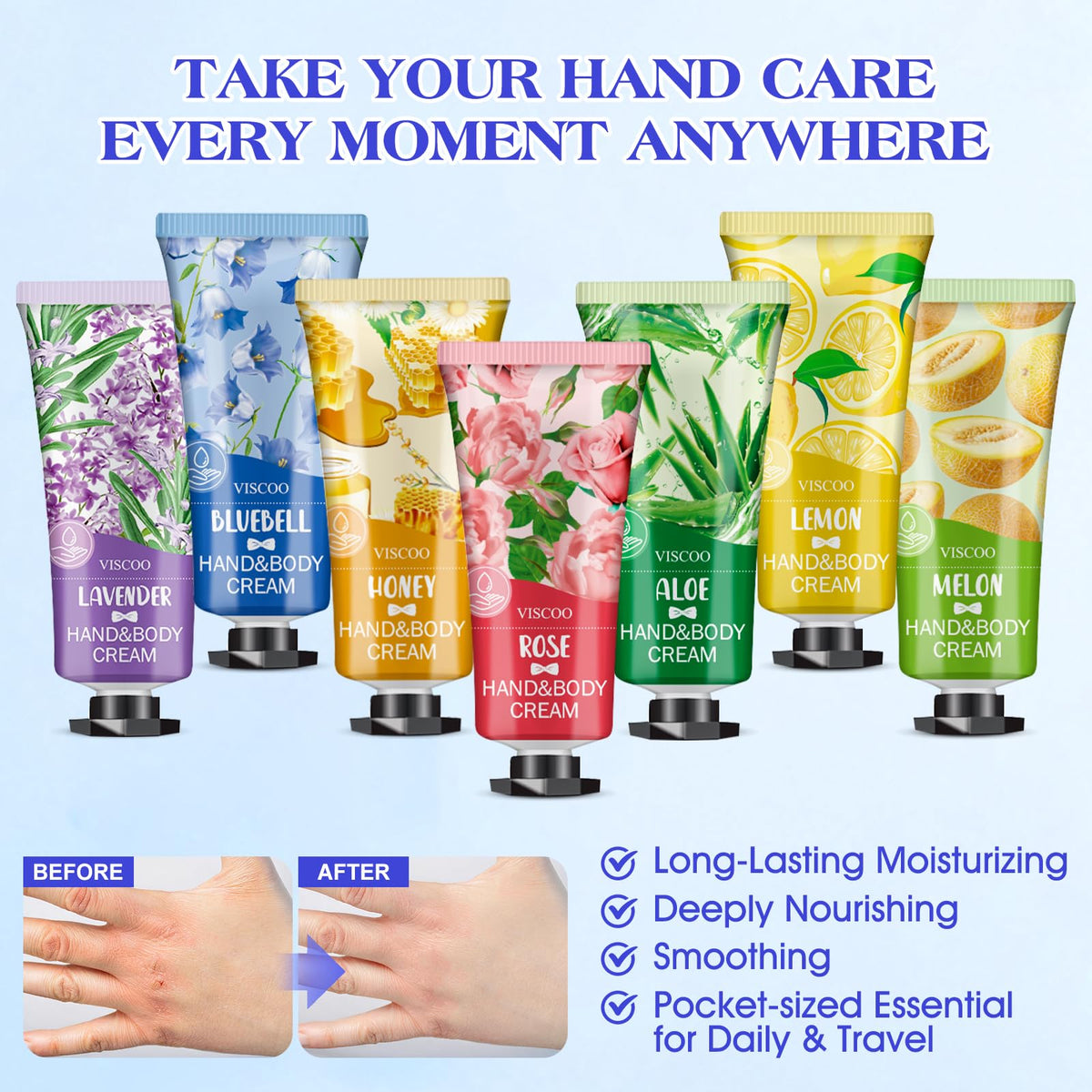 VISCOO hand cream set displayed with floral background