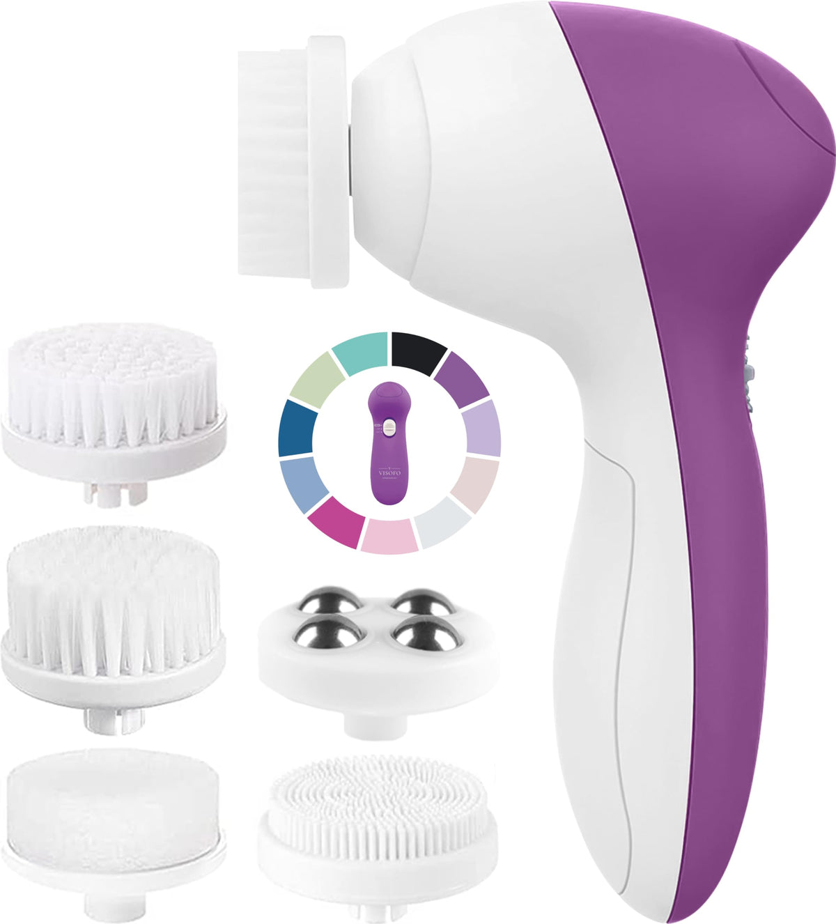 VISOFO Facial Cleansing Brush Amethyst front view with multiple brush heads