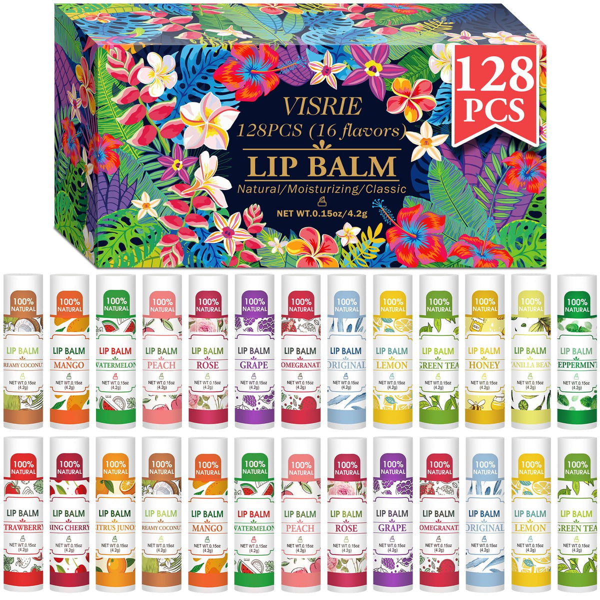 VISRIE 128 Pack Lip Balm featuring 16 different flavours