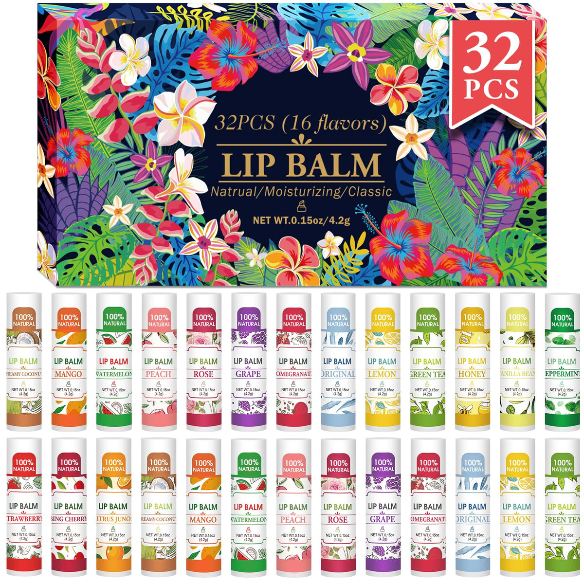 VISRIE 32 Pack Lip Balm assorted flavours front view