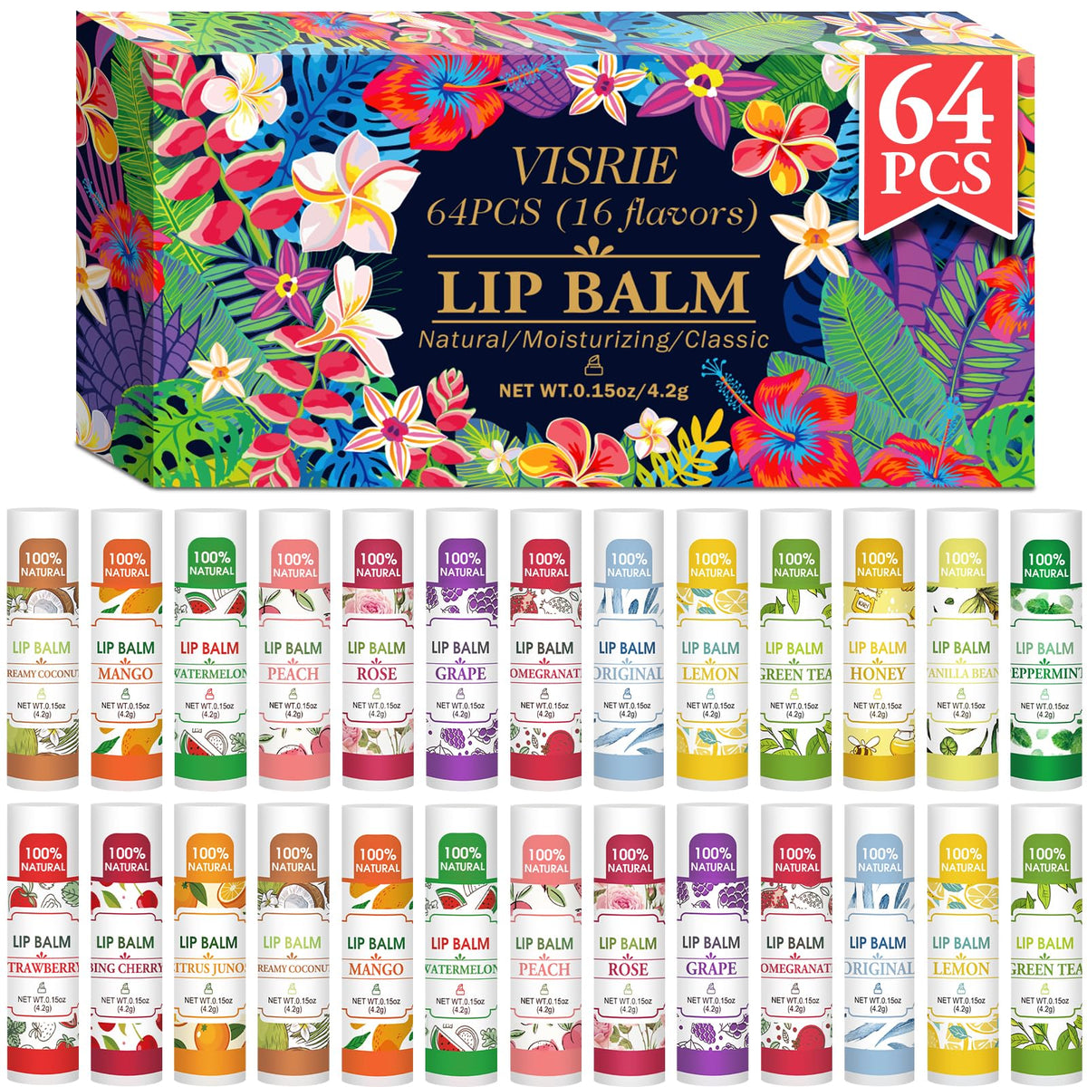 VISRIE 64 Pack Lip Balm with assorted flavours front view