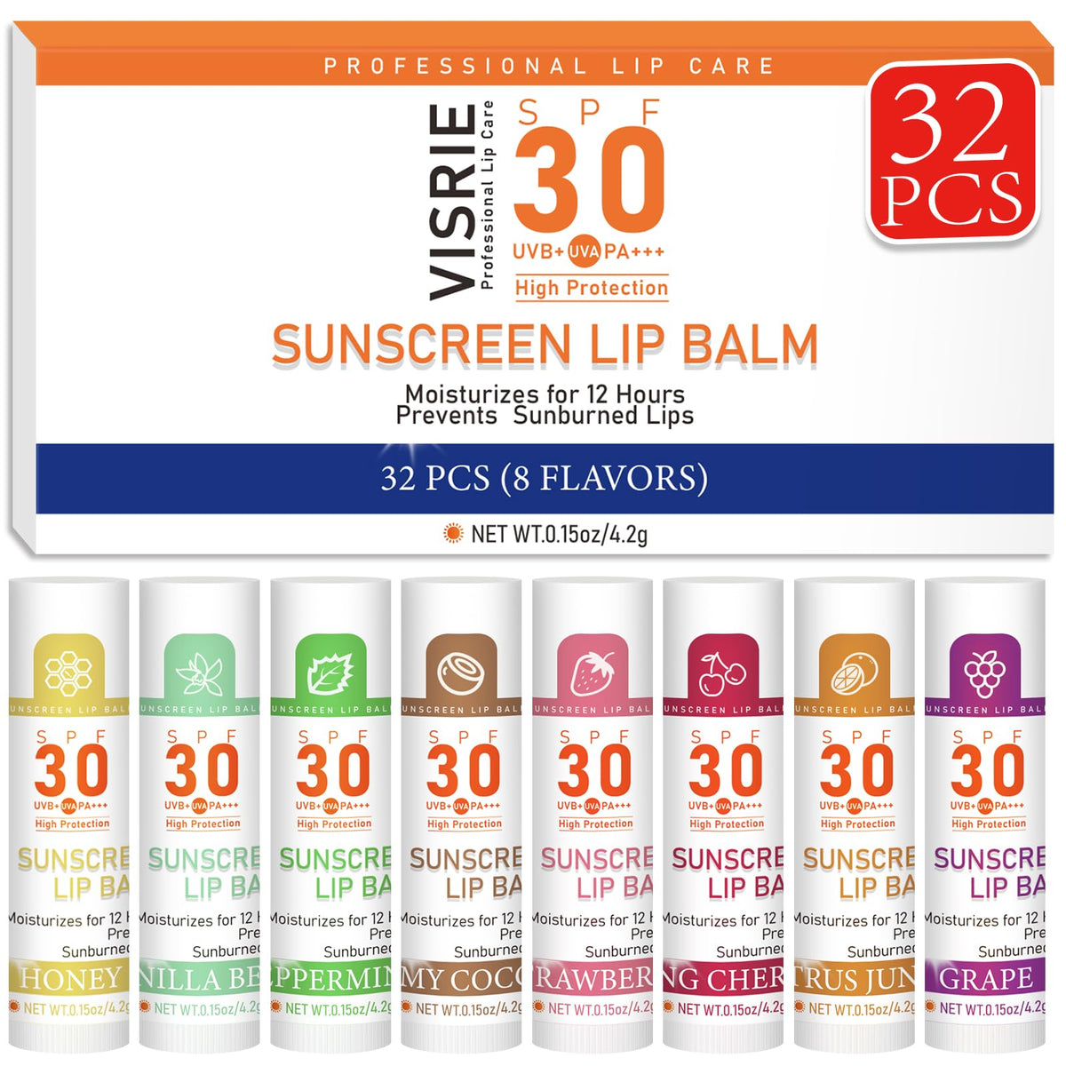 VISRIE SPF 30 Sunscreen Lip Balm 32 Pack with various flavours