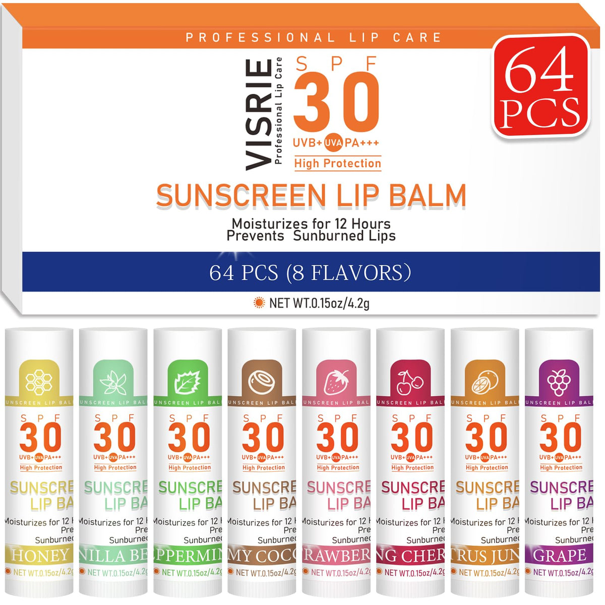 VISRIE SPF 30 Sunscreen Lip Balm pack of 64 tubes