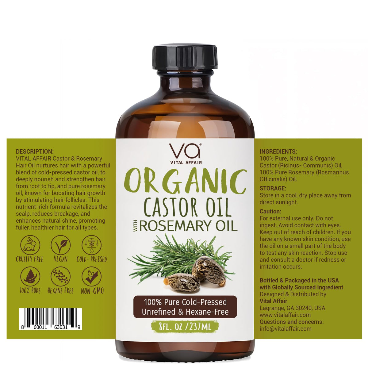 VITAL AFFAIR Organic Castor Oil with Rosemary Oil 8oz glass bottle in a bathroom setting