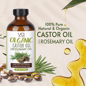 VITAL AFFAIR Organic Castor Oil with Rosemary Oil 8oz glass bottle on a wooden surface