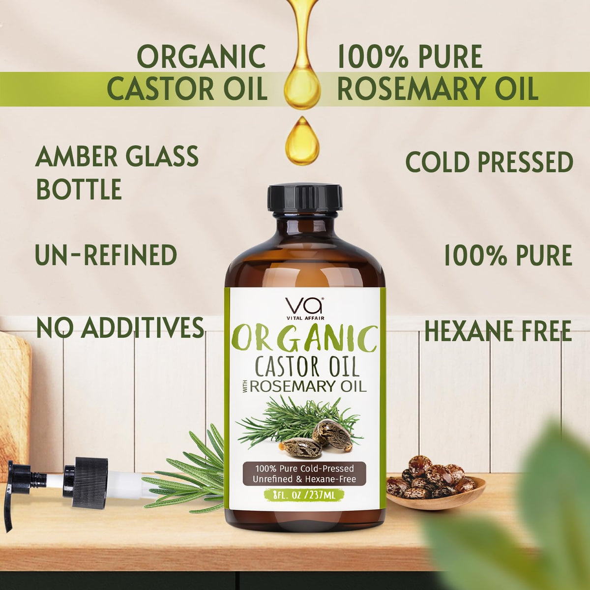 VITAL AFFAIR Organic Castor Oil with Rosemary Oil 8oz glass bottle side view