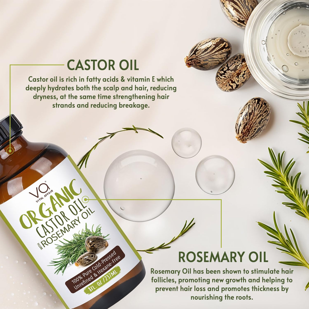 VITAL AFFAIR Organic Castor Oil with Rosemary Oil 8oz glass bottle with dropper