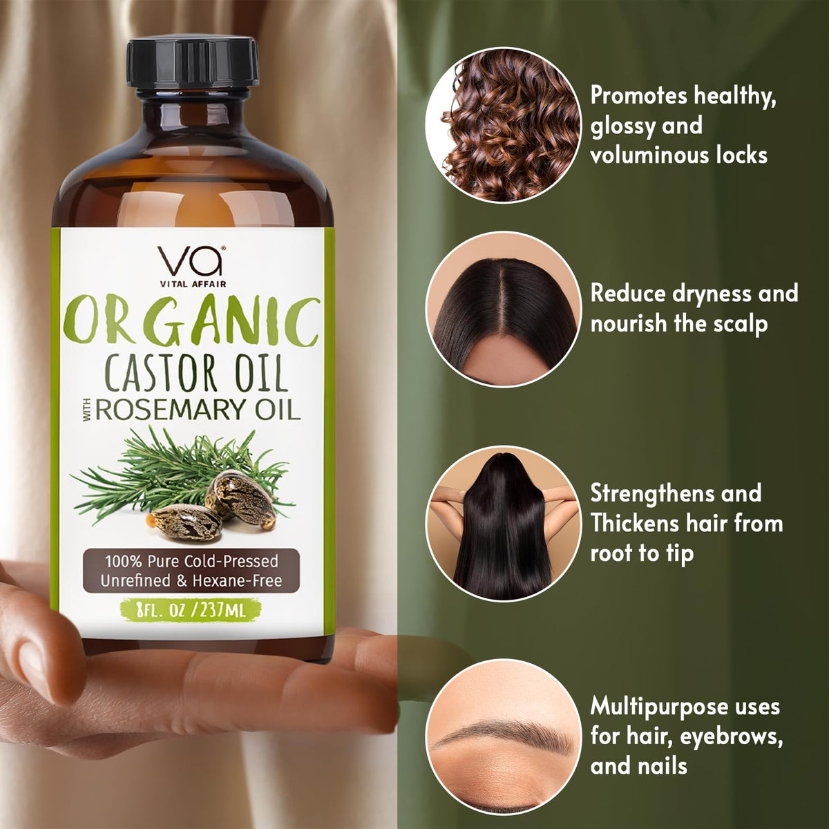 VITAL AFFAIR Organic Castor Oil with Rosemary Oil 8oz glass bottle with rosemary sprigs