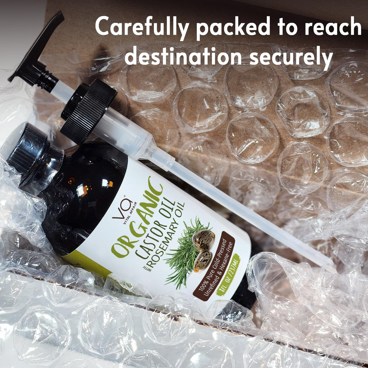 VITAL AFFAIR Organic Castor Oil with Rosemary Oil 8oz glass bottle with hair care products