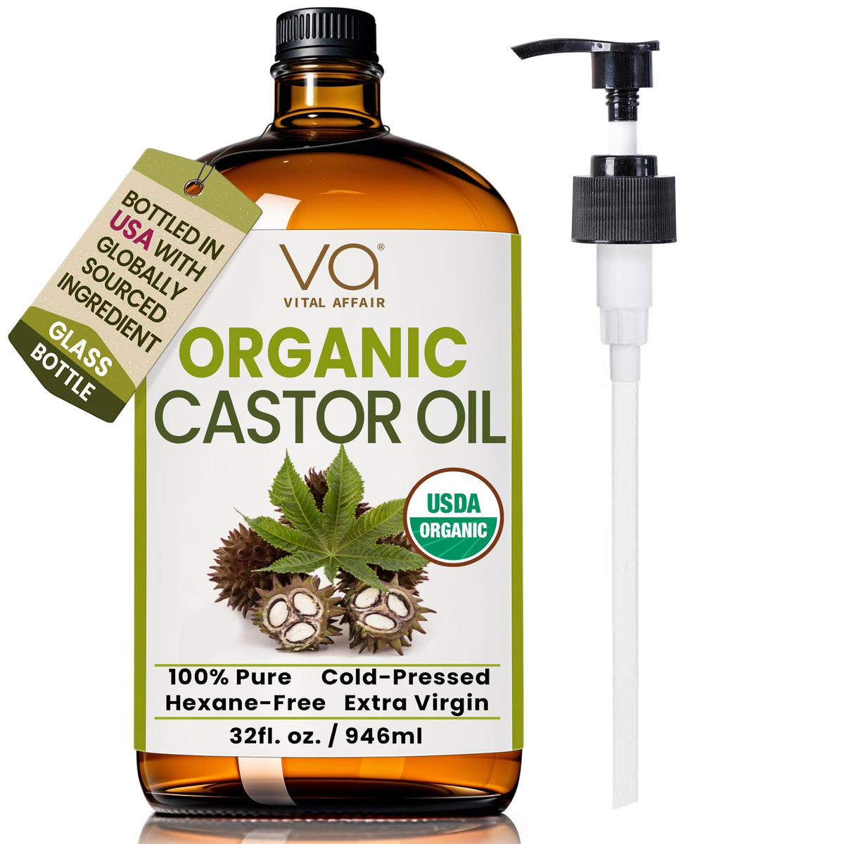 VITAL AFFAIR Organic Cold Pressed Castor Oil 32oz glass bottle front view
