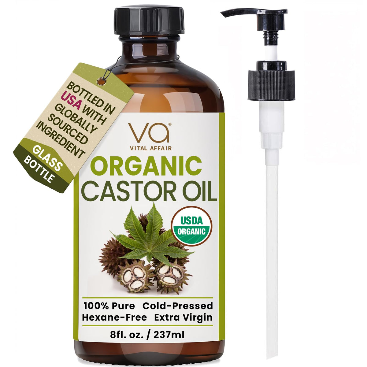 VITAL AFFAIR Organic Cold Pressed Castor Oil 8oz glass bottle front view