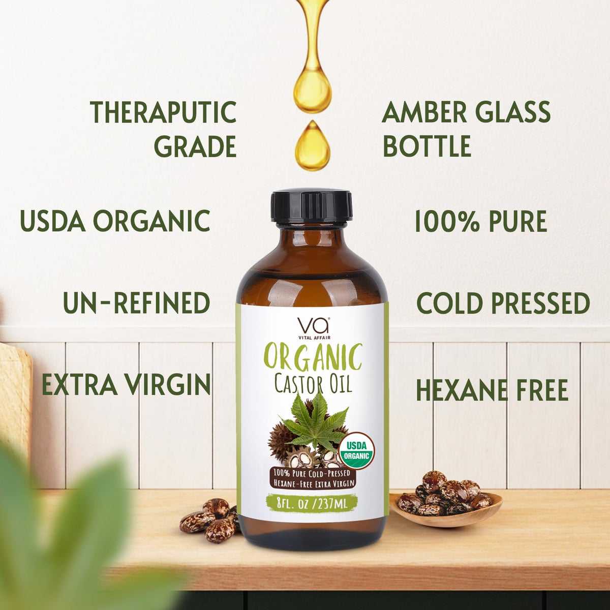 VITAL AFFAIR Organic Cold Pressed Castor Oil 8oz glass bottle with pump