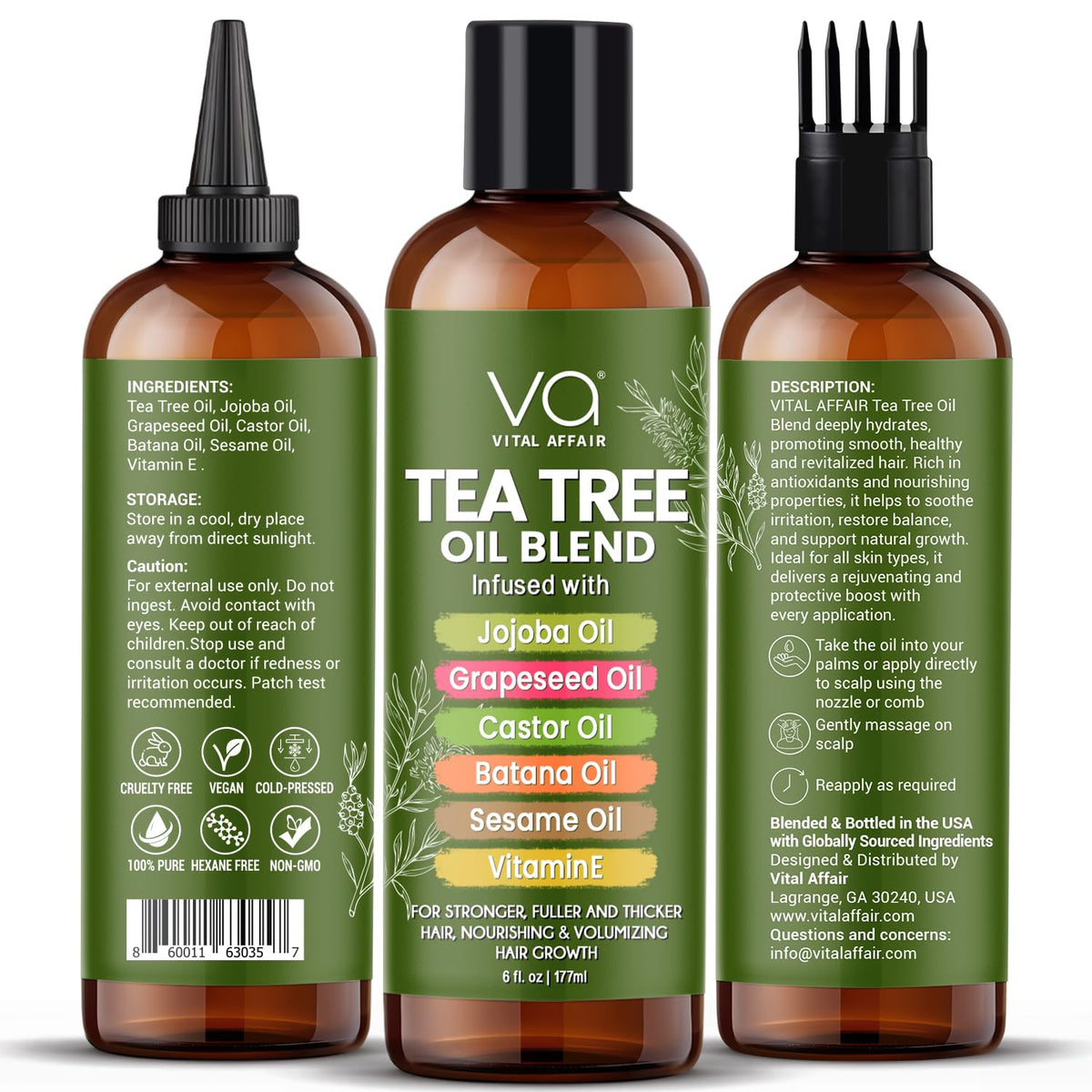 VITAL AFFAIR Tea Tree Hair Growth Oil 6 Fl Oz back view
