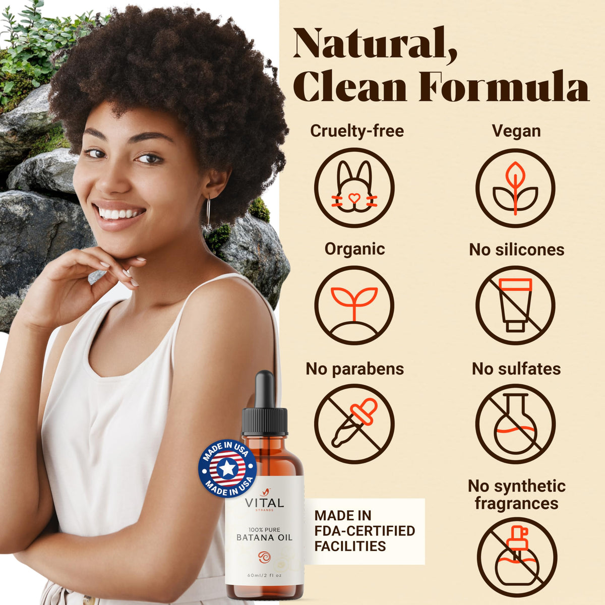 Vital Strands Batana Oil lifestyle scene with hair care products