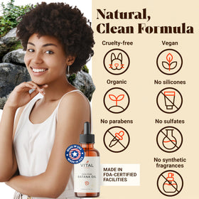 Vital Strands Batana Oil lifestyle scene with hair care products