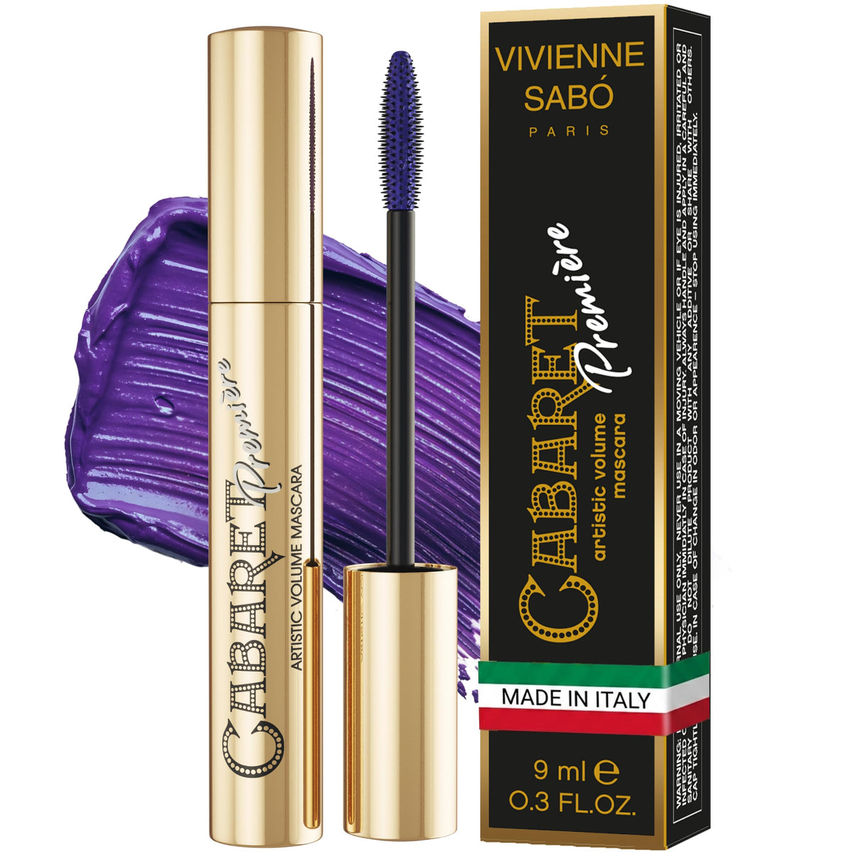 Vivienne Sabó Cabaret Premiere Purple Mascara front view with purple packaging