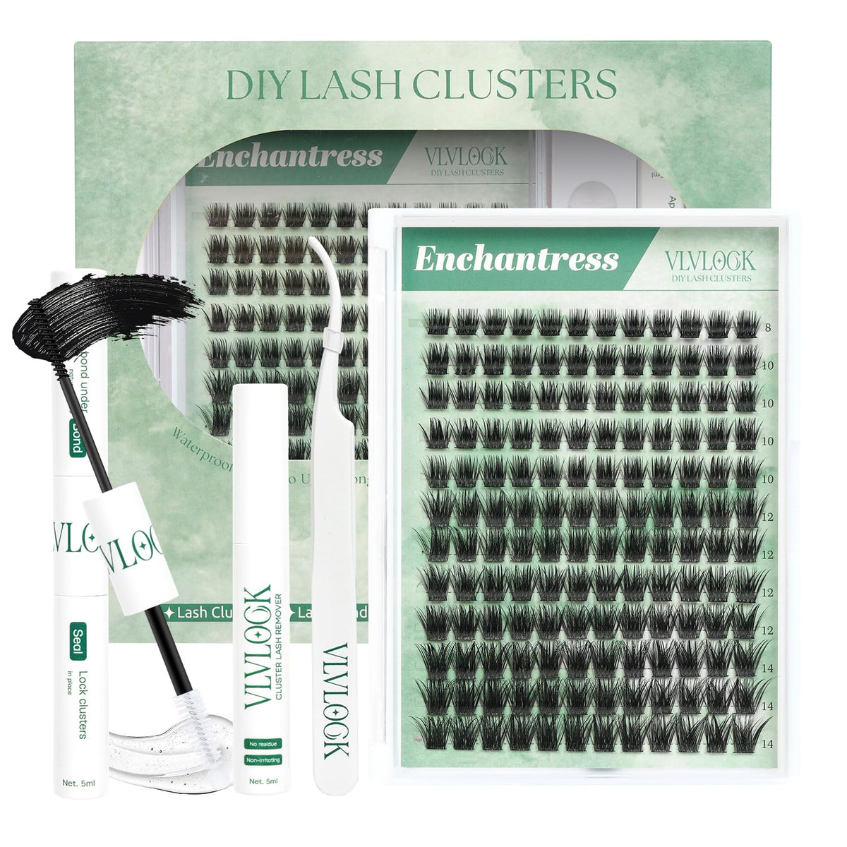VLVLOCK Enchantress Lash Clusters Kit front view with lash clusters and tools