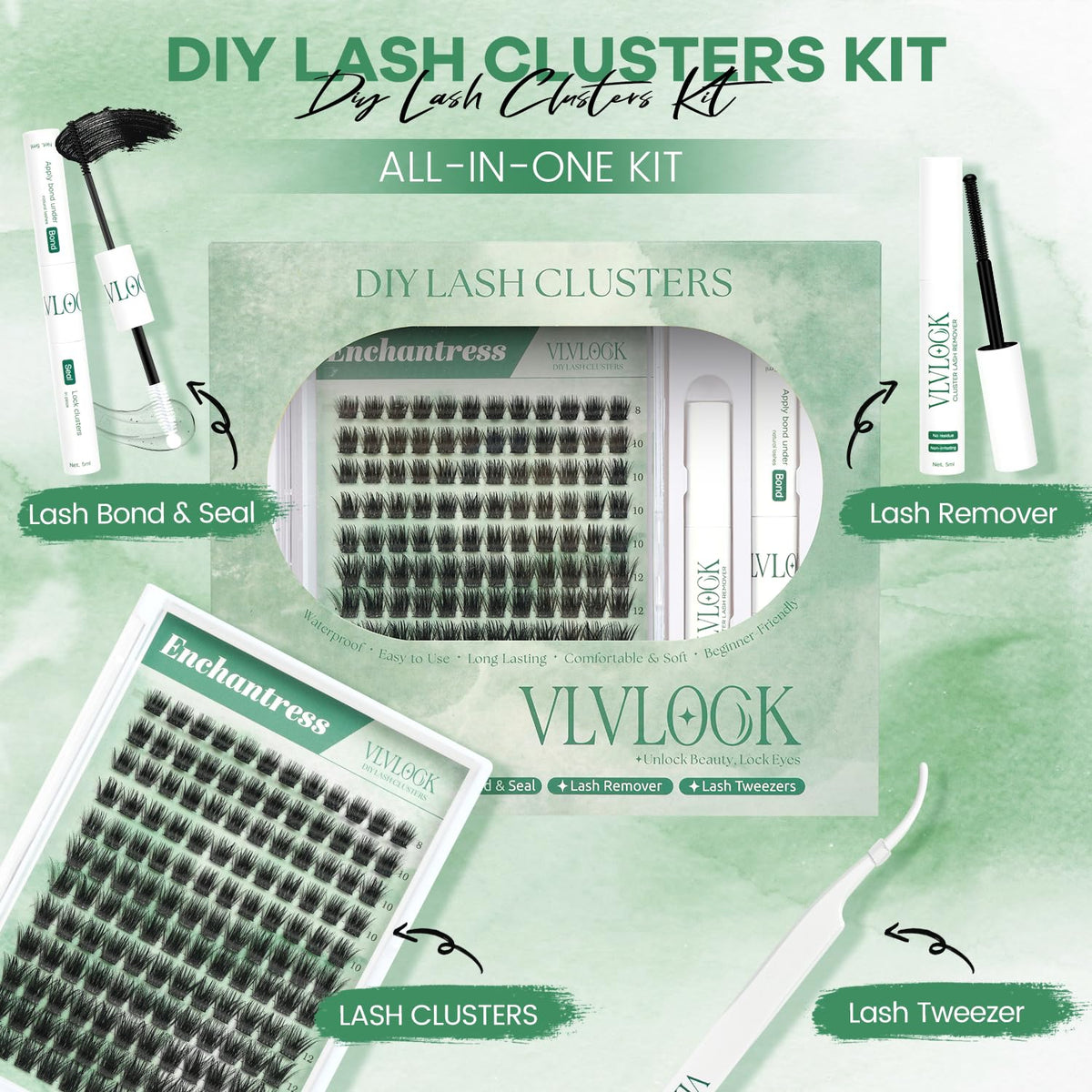 VLVLOCK Enchantress Lash Clusters Kit including Lash Bond and Remover