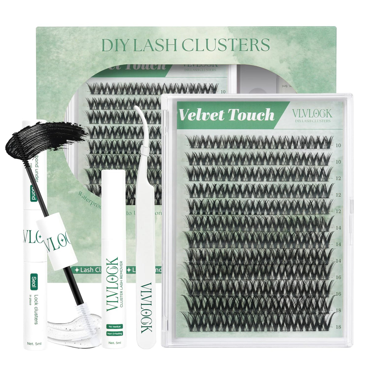 VLVLOCK Velvet Touch Lash Clusters Kit front view with lash clusters and glue