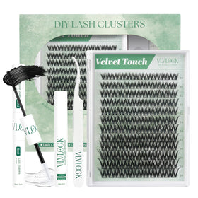 VLVLOCK Velvet Touch Lash Clusters Kit front view with lash clusters and glue