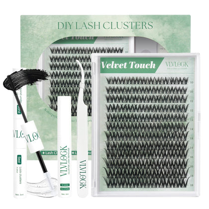 VLVLOCK Velvet Touch Lash Clusters Kit front view with lash clusters and glue