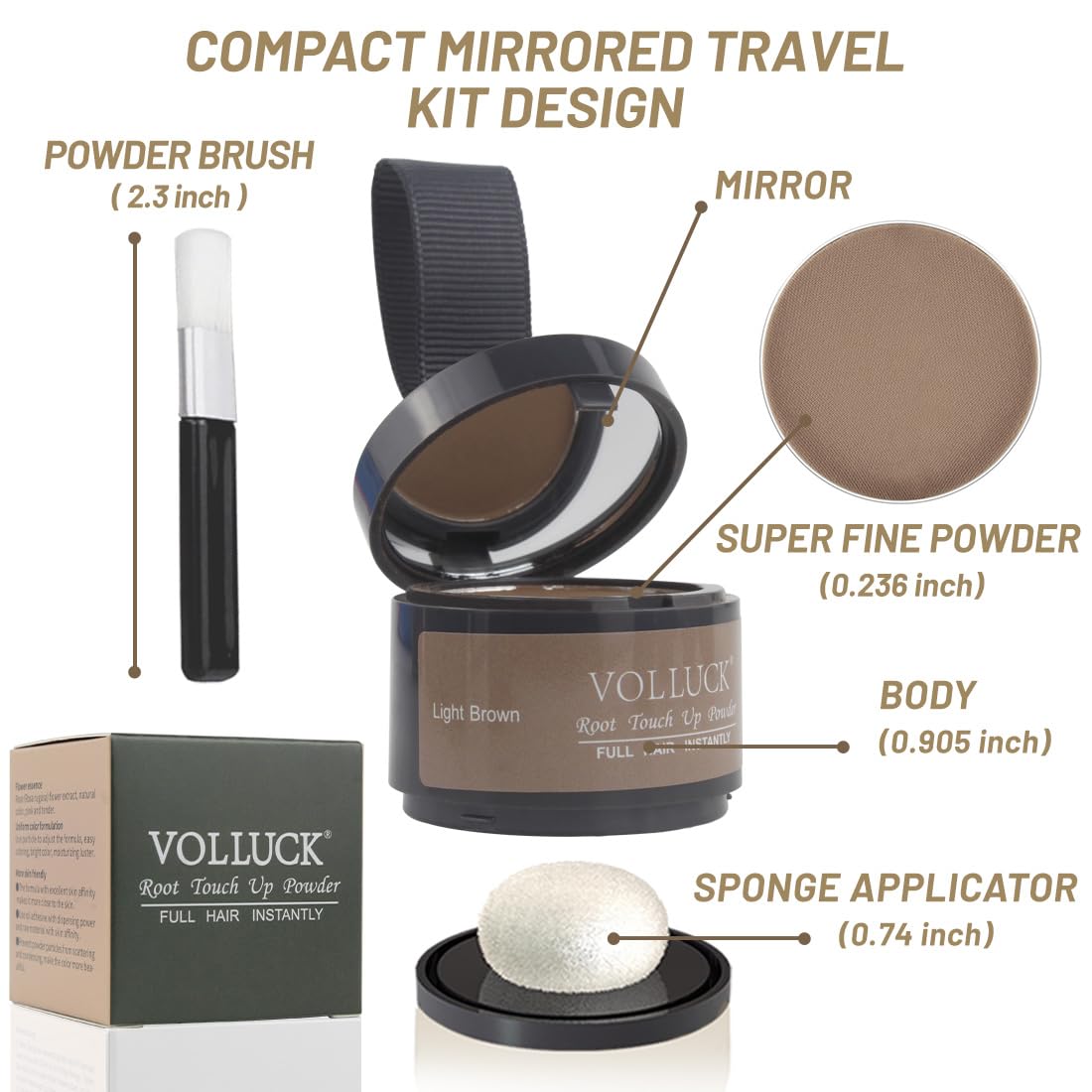 VOLLUCK Root Touch Up Powder Light Brown in travel bag