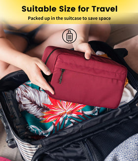 Vorspack Travel Toiletry Bag maroon on a travel suitcase