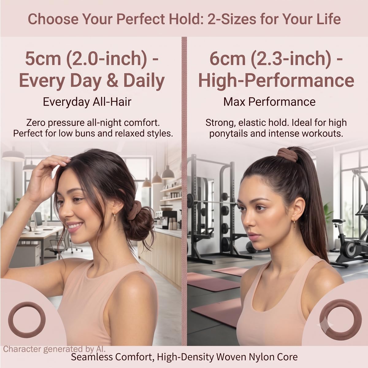 Vrose Flosi hair ties in natural brunette, side view