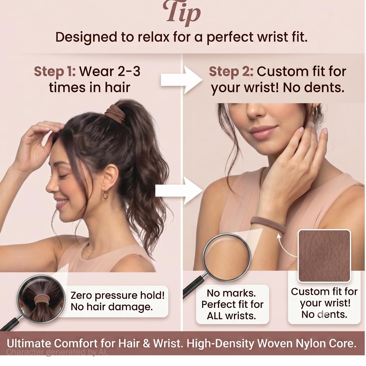 Vrose Flosi High Stretch Hair Tie holding thick hair in a ponytail