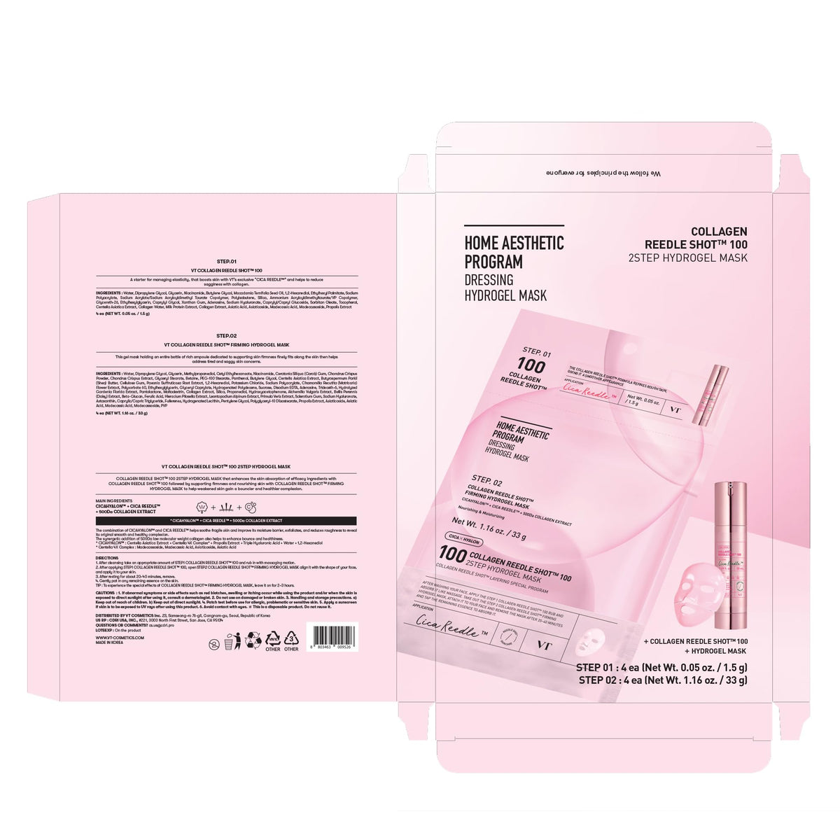 VT COSMETICS Collagen Reedle Shot Hydrogel Mask on a bathroom counter