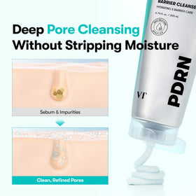 VT COSMETICS PDRN Barrier Cleanser in a bathroom setting