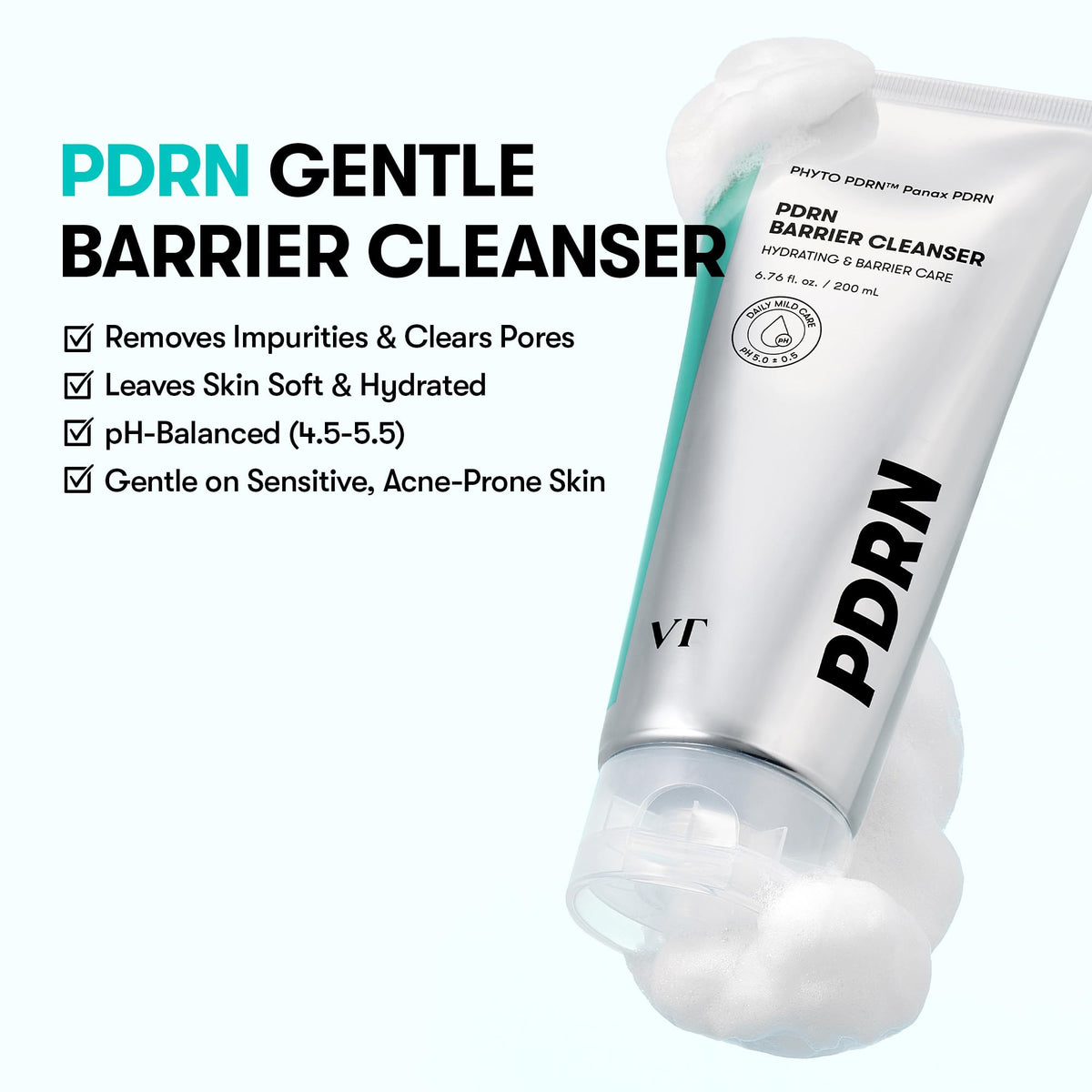 VT COSMETICS PDRN Barrier Cleanser side view showing bottle design