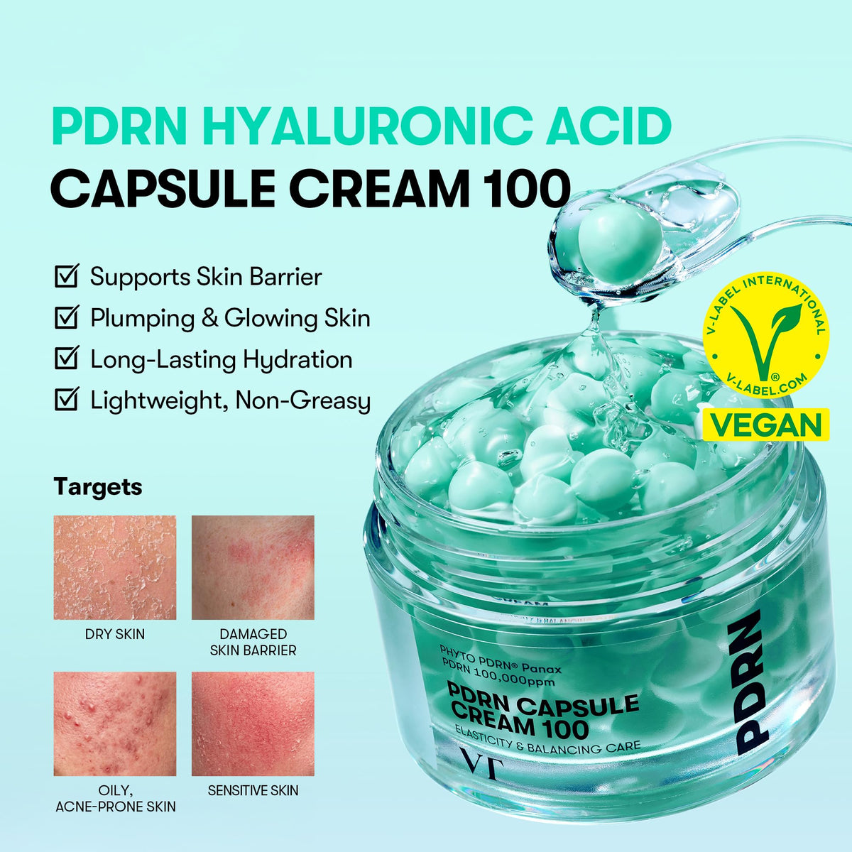 VT COSMETICS PDRN Capsule Cream 100 showing gel texture with visible capsules