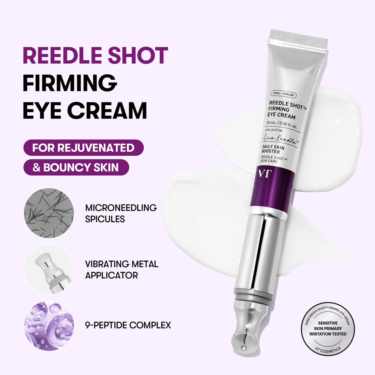 VT COSMETICS Reedle Shot Firming Eye Cream side view showing applicator